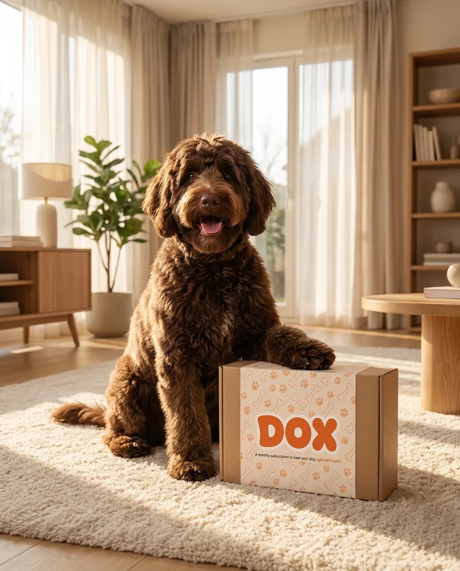 A chocolate labradoodle sitting beside a DOX subscription box in a warm modern living room