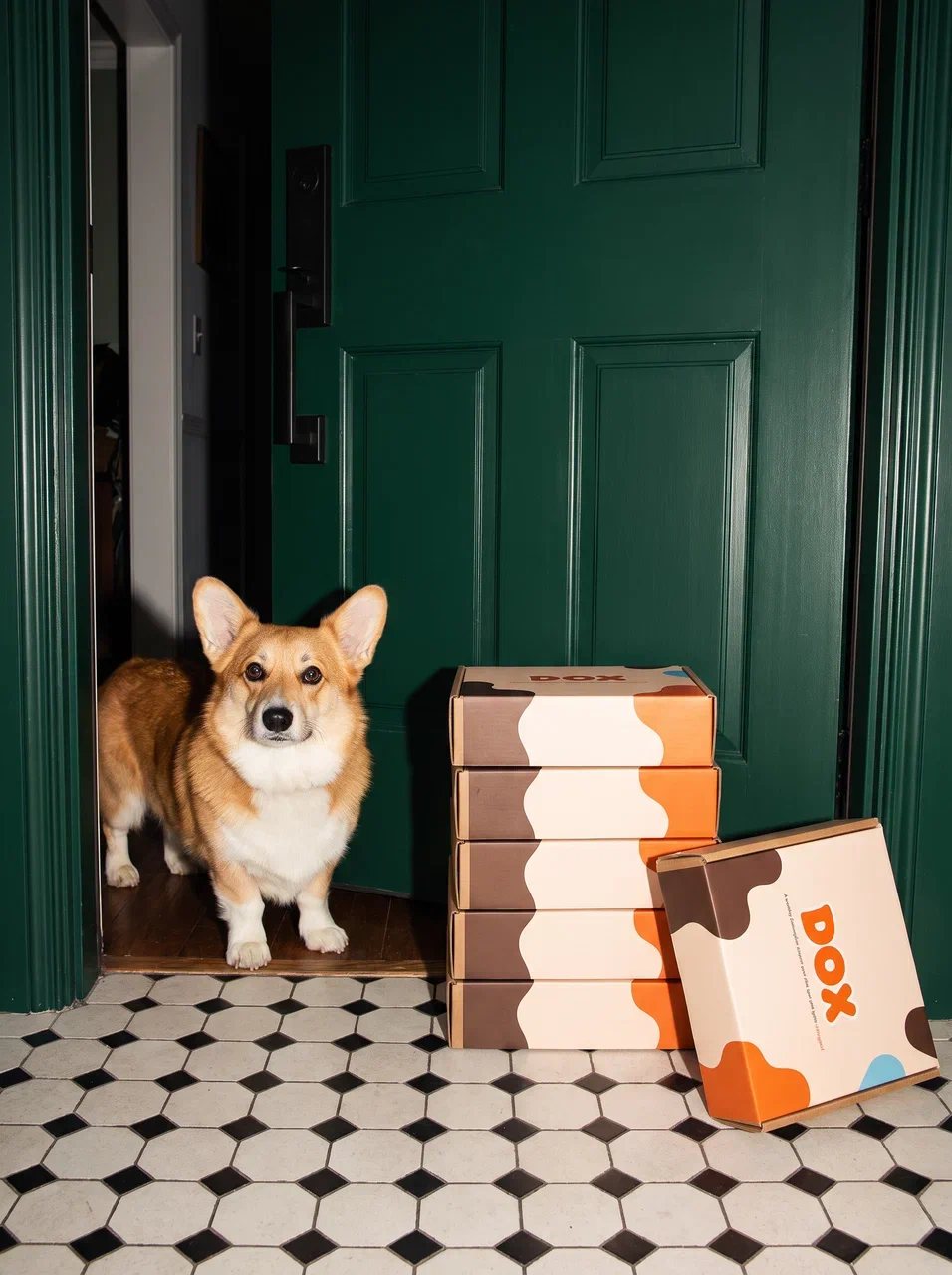 A corgi waiting at the door beside a stack of DOX boxes